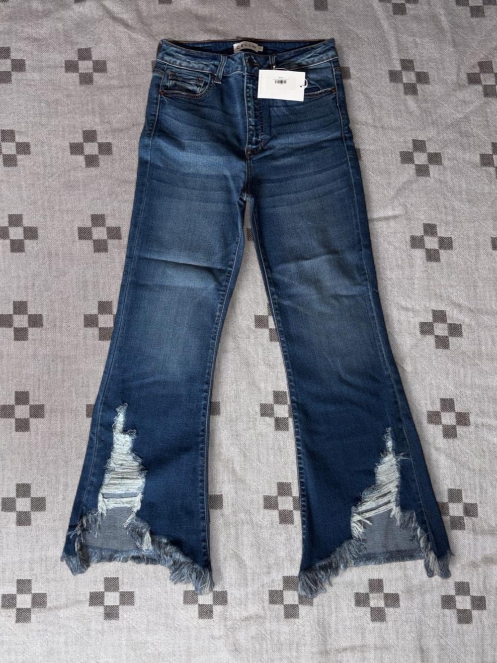 Cello Dark Blue Distressed Flare Jeans with Frayed Hem 7